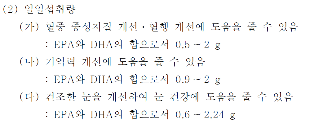 식약처 기준 오메가3 일일 섭취량 기준